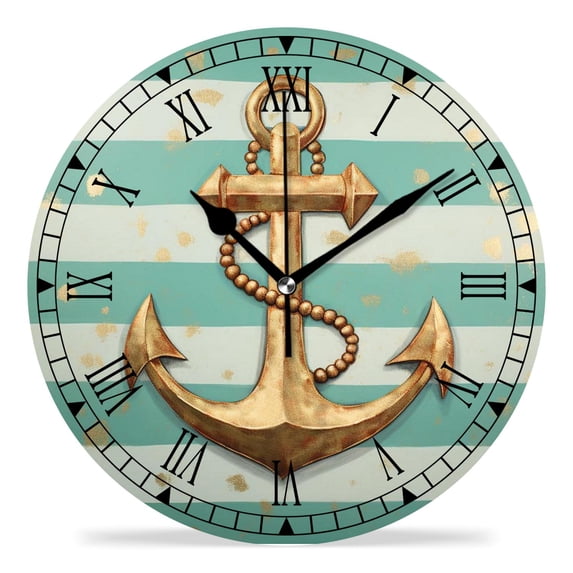 erolrail Rustic Wall Clock,Silent Non Ticking Wall Clocks for Living Room,Bedroom,Kitchen 12IN Gold Anchor Dots Stripes Printed Painting