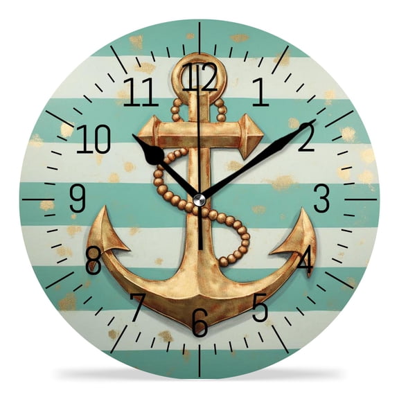 erolrail Rustic Wall Clock,Silent Non Ticking Wall Clocks for Living Room,Bedroom,Kitchen 12IN Gold Anchor Dots Stripes Printed Painting