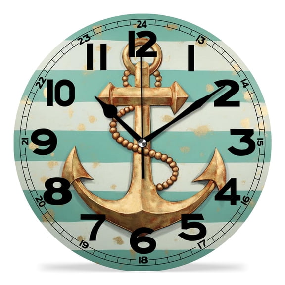 erolrail Rustic Wall Clock,Silent Non Ticking Wall Clocks for Living Room,Bedroom,Kitchen 12IN Gold Anchor Dots Stripes Printed Painting
