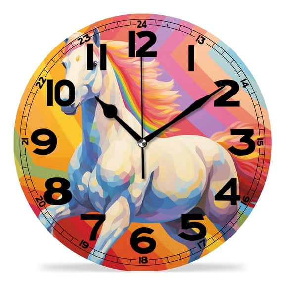 erolrail Rustic Wall Clock,Silent Non Ticking Wall Clocks for Living Room,Bedroom,Kitchen 12IN Rainbow Cartoon Horse Design