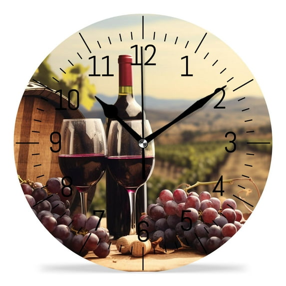 erolrail Rustic Wall Clock,Silent Non Ticking Wall Clocks for Living Room,Bedroom,Kitchen 12IN Red Wine Bottle Glass Grape Design