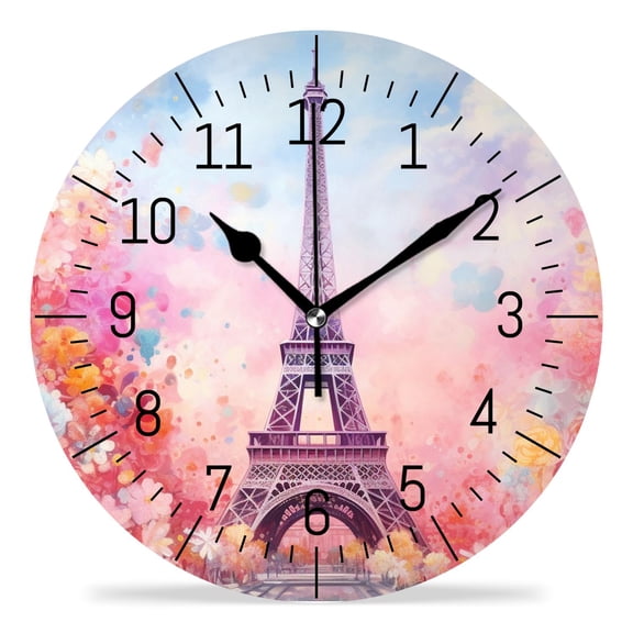 erolrail Rustic Wall Clock,Silent Non Ticking Wall Clocks for Living Room,Bedroom,Kitchen 12IN Romantic Paris Eiffel Tower Floral Flowers Painting