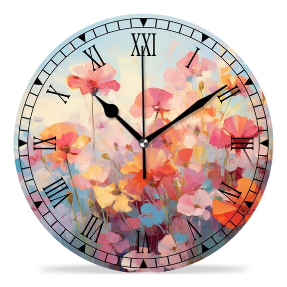 erolrail Rustic Wall Clock,Silent Non Ticking Wall Clocks for Living Room,Bedroom,Kitchen 12IN Romantic Wildflower Spring Flower Field Creative