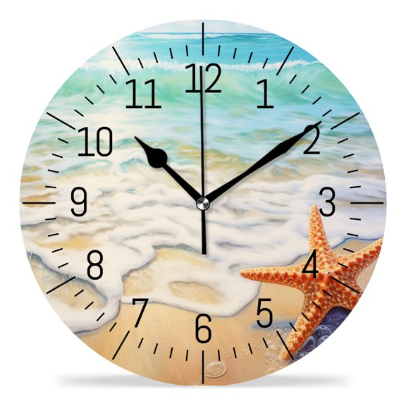 erolrail Rustic Wall Clock,Silent Non Ticking Wall Clocks for Living Room,Bedroom,Kitchen 12IN Sea Beach Starfish Sand Ocean Wave Design