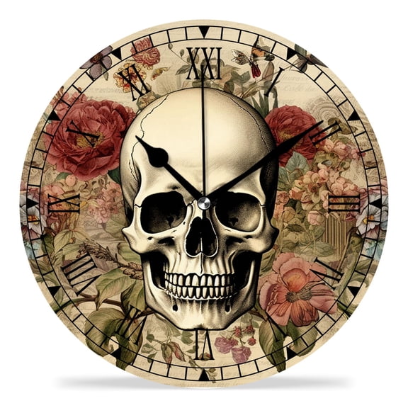 erolrail Rustic Wall Clock,Silent Non Ticking Wall Clocks for Living Room,Bedroom,Kitchen 12IN Tatoo Skull on Floral Background Beautiful