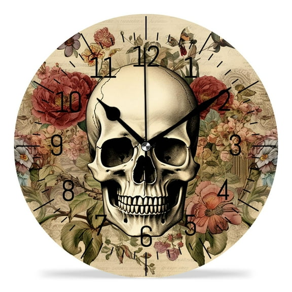 erolrail Rustic Wall Clock,Silent Non Ticking Wall Clocks for Living Room,Bedroom,Kitchen 12IN Tatoo Skull on Floral Background Beautiful