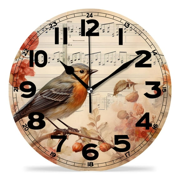 erolrail Rustic Wall Clock,Silent Non Ticking Wall Clocks for Living Room,Bedroom,Kitchen 12IN Vintage Collage Bird Poster Cute Drawing