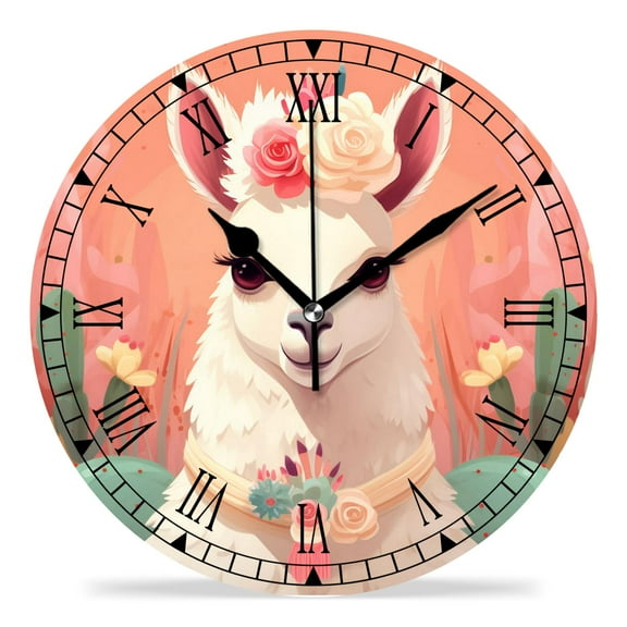 erolrail Rustic Wall Clock,Silent Non Ticking Wall Clocks for Living Room,Bedroom,Kitchen 12IN White Alpaca Cactus on Pink and Flowers Elegant
