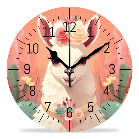 erolrail Rustic Wall Clock,Silent Non Ticking Wall Clocks for Living Room,Bedroom,Kitchen 12IN White Alpaca Cactus on Pink and Flowers Elegant