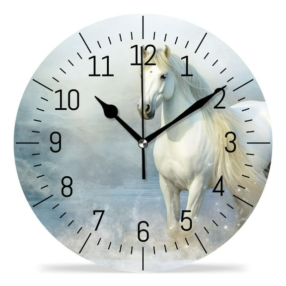 erolrail Rustic Wall Clock,Silent Non Ticking Wall Clocks for Living Room,Bedroom,Kitchen 12IN White Snow Horse Elegant