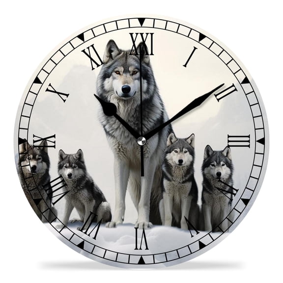 erolrail Rustic Wall Clock,Silent Non Ticking Wall Clocks for Living Room,Bedroom,Kitchen 12IN Winter Wolf Family 3D Forest Animals Art
