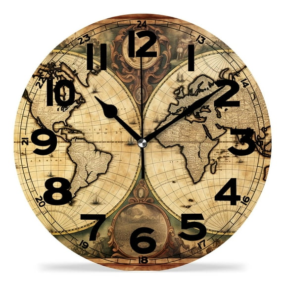 erolrail Rustic Wall Clock,Silent Non Ticking Wall Clocks for Living Room,Bedroom,Kitchen 12IN World Map Art