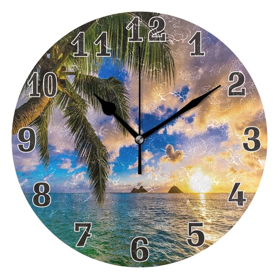 erolrail Tropical Ocean Sea Palm Tree Round Wall Clock, Silent Non Ticking for Living Room Kids Bedroom Office School Home Decor 12IN
