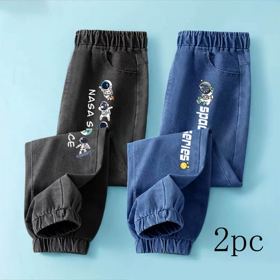 ersvoioy 2 Pack Boys Lightweight Jeans Elastic Waist Space Print Casual Pants for Summer Size 3-12 Years