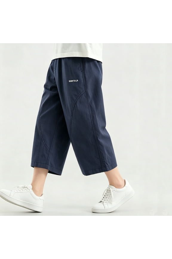 Boys Capri Pants Elastic Waist with Pockets Athlete Solid Color Casual Trousers for Summer Size 5-15 Years