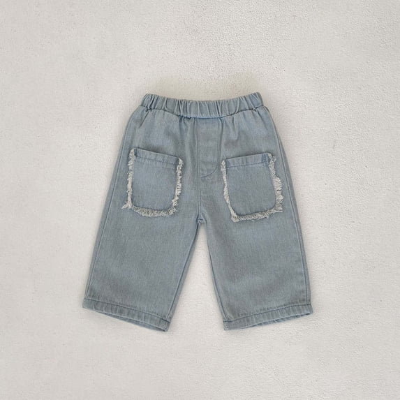 ersvoioy Boys Cropped Denim Pants Elastic Waist with Frayed Hem Casual Trousers for Summer