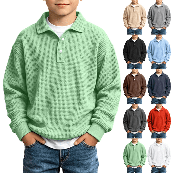 ersvoioy Boys Sweatshirts Size 7 Waffle Knit Button Collar Pullover Loose Fit Long Sleeve Tops Casual Warm Fall Winter School Outdoor Clothes for Kids