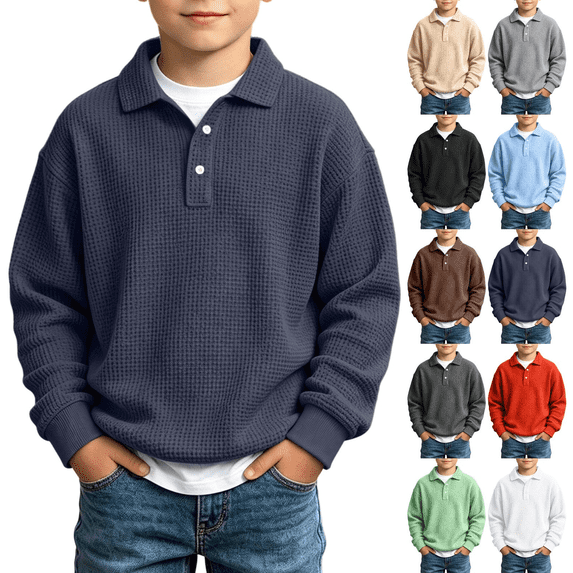ersvoioy Boys Sweatshirts Size 7 Waffle Knit Button Collar Pullover Loose Fit Long Sleeve Tops Casual Warm Fall Winter School Outdoor Clothes for Kids