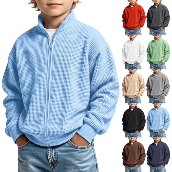 ersvoioy Boys Zip Up Waffle Knit Sweatshirt Kids Fashion Stand Collar Long Sleeve Full Zipper Sweatshirt Outerwear Solid Warm Fall Winter Back to School Clothes for 3-14 Years
