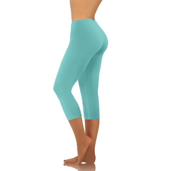 ersvoioy Capri Leggings for Women Solid Color Elastic Waistband Slim Fit Stretchy Yoga Pants for Summer Light Blue XXL