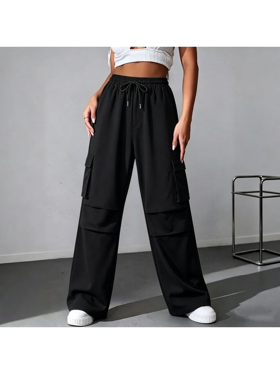 Cargo Pants Women Solid Color Elastic Waist Drawstring Pockets Utility Trousers Baggy Commute Workwear Black L