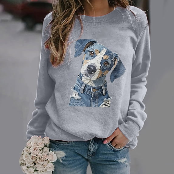 ersvoioy Crewneck Sweatshirt Women Loose Fit Printed Long Sleeve Hoodless Top for Fall Gray XXL
