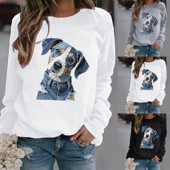 ersvoioy Crewneck Sweatshirt Women Loose Fit Printed Long Sleeve Hoodless Top for Fall White L