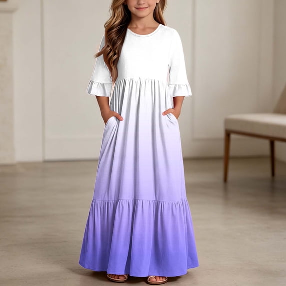 ersvoioy Girls Summer Party Dress Gradient Print Ruffle Cap Sleeve Round Neck A-Line Flowy Hem Sundress 4-14 Years