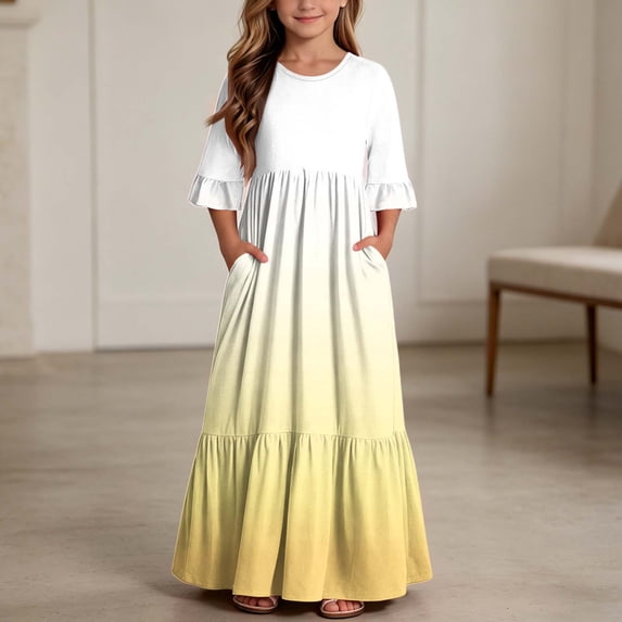 ersvoioy Girls Summer Party Dress Gradient Print Ruffle Cap Sleeve Round Neck A-Line Flowy Hem Sundress 4-14 Years
