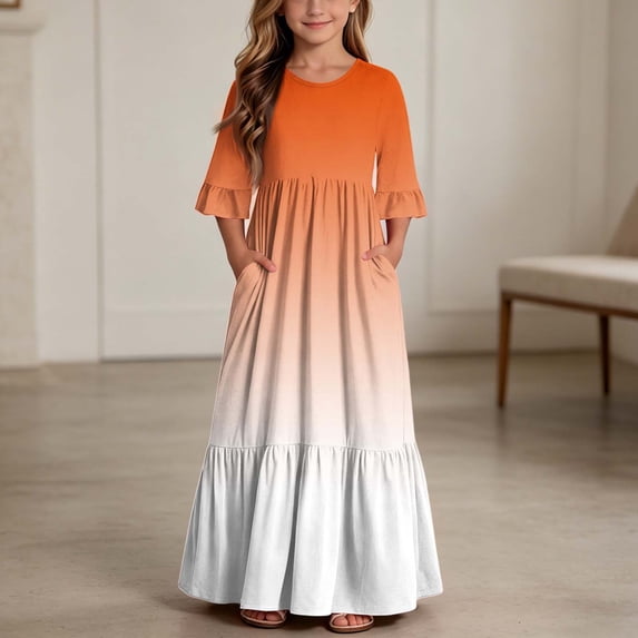 ersvoioy Girls Summer Party Dress Gradient Print Ruffle Cap Sleeve Round Neck A-Line Flowy Hem Sundress 4-14 Years