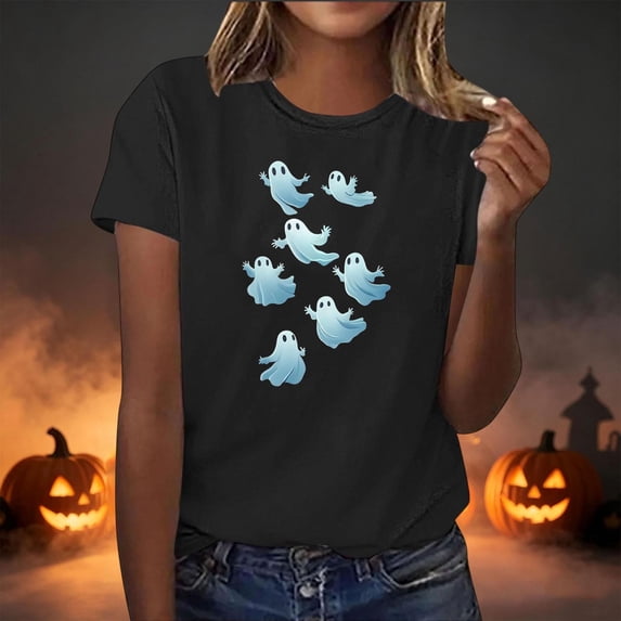 ersvoioy Halloween Shirts for Women Funny Printed Cute Short Sleeve T Shirts Crew Neck Graphic Tops Loose Fit Fall Tee Fashion Party Outfits Black S