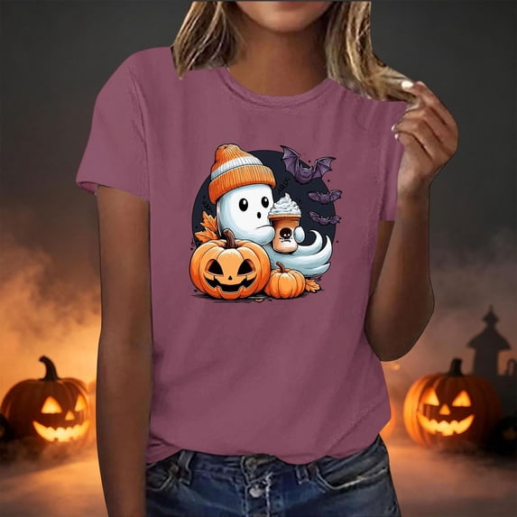 ersvoioy Halloween Shirts for Women Funny Printed Cute Short Sleeve T Shirts Crew Neck Graphic Tops Loose Fit Fall Tee Fashion Party Outfits Wine XXL