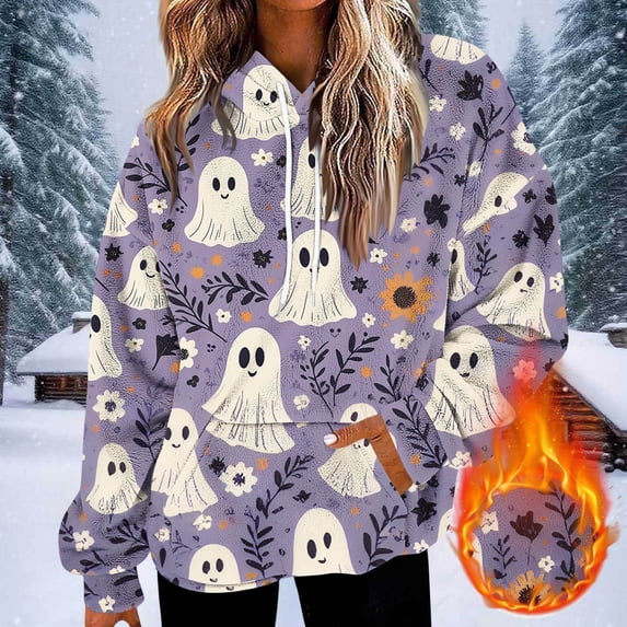 ersvoioy Halloween Hoodies for Women Long Sleeve Drawstring Cute Print Oversized Soft Fleece Hooded Sweatshirts Fall Winter Parties Clothes
