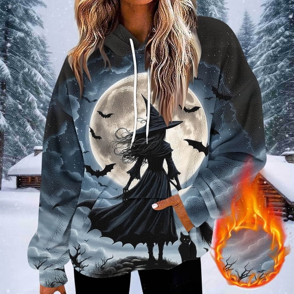 ersvoioy Halloween Hoodies for Women Long Sleeve Drawstring Cute Print Oversized Soft Fleece Hooded Sweatshirts Fall Winter Parties Clothes