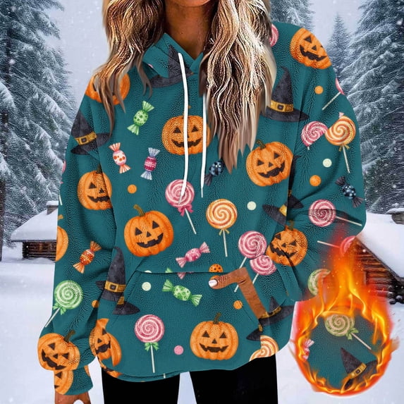 ersvoioy Halloween Hoodies for Women Long Sleeve Drawstring Cute Pumpkin Print Oversized Soft Fleece Hooded Sweatshirts Fall Winter Parties Clothes