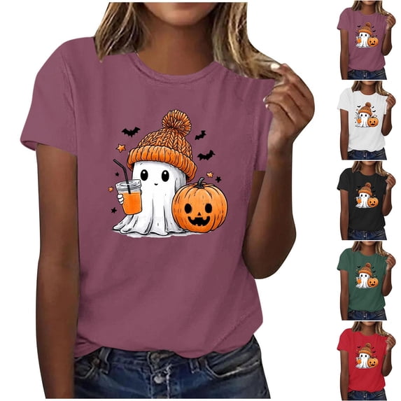 ersvoioy Halloween Shirts for Women Funny Printed Cute Short Sleeve T Shirts Crew Neck Graphic Tops Loose Fit Fall Tee Fashion Party Outfits Wine M