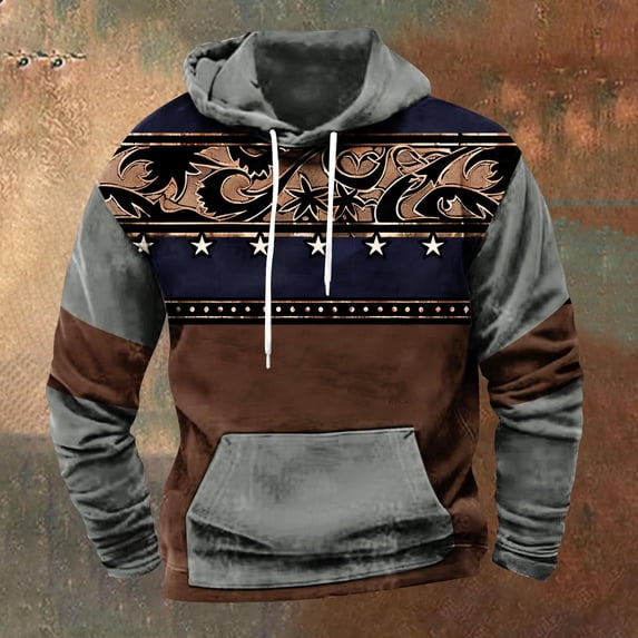 ersvoioy Mens Hoodies Pullover Vintage Print Long Sleeve Hooded Sweatshirt with Pocket Regular Fit Cotton Blend Soft Fleece Casual Fall Winter Retro Style Streetwear Fashion Graphic Top