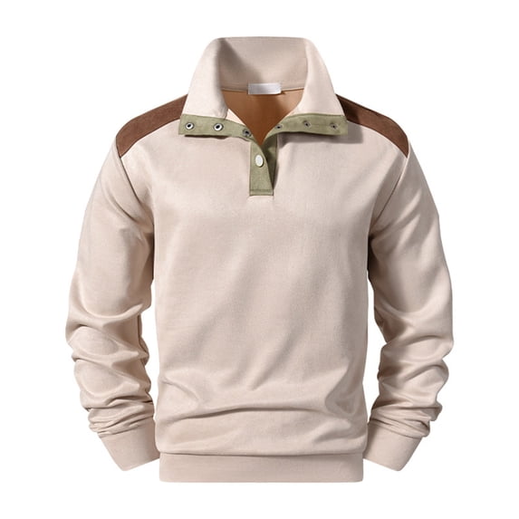 ersvoioy Mens Mock Neck Sweatshirt Suede Snap Button Half Placket Pullover Long Sleeve Stand Collar Casual Loose Fit Solid Color Cotton Soft Cotton Fall Winter Streetwear Sweat Top Khaki XXXL