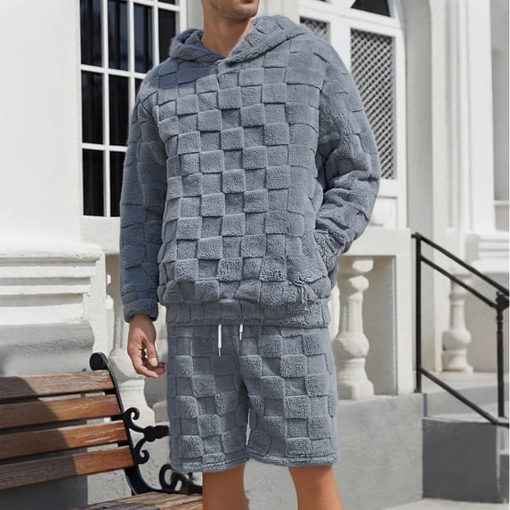 ersvoioy Mens Sweatsuits 2 Piece Hoodie and Elastic Waist Shorts Set Plush Short Length Tracksuit Fleece Regular Fit Warm Loungewear Set Gray XXL