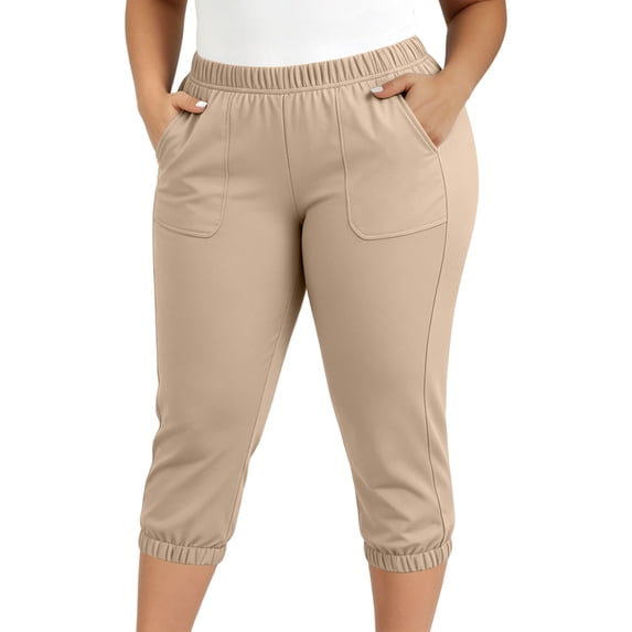 ersvoioy Plus Size Capris for Women Solid Color Elastic Waistband Straight Leg Trousers with Pockets for Summer Beige XXL