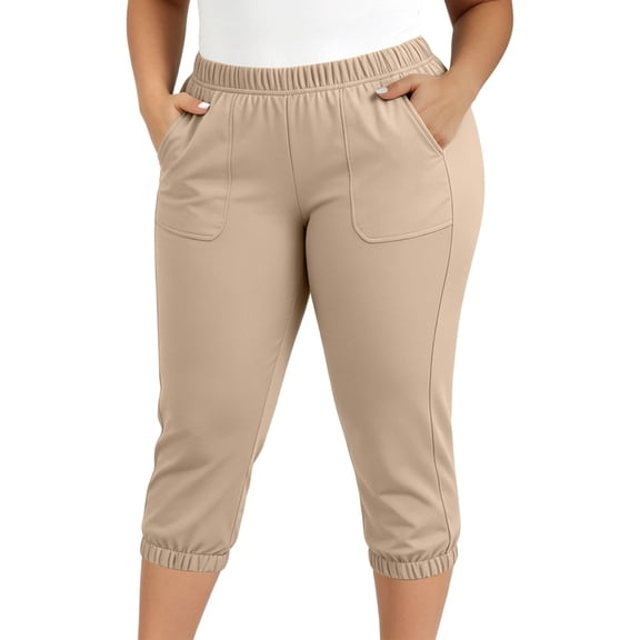 ersvoioy Plus Size Capris for Women Solid Color Elastic Waistband Straight Leg Trousers with Pockets for Summer Beige XXL