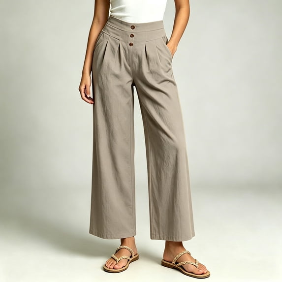 ersvoioy Wide Leg Pants Women Summer Solid Elastic Waist Tie Side Pleated Pocket Loose Casual Trousers Khaki M