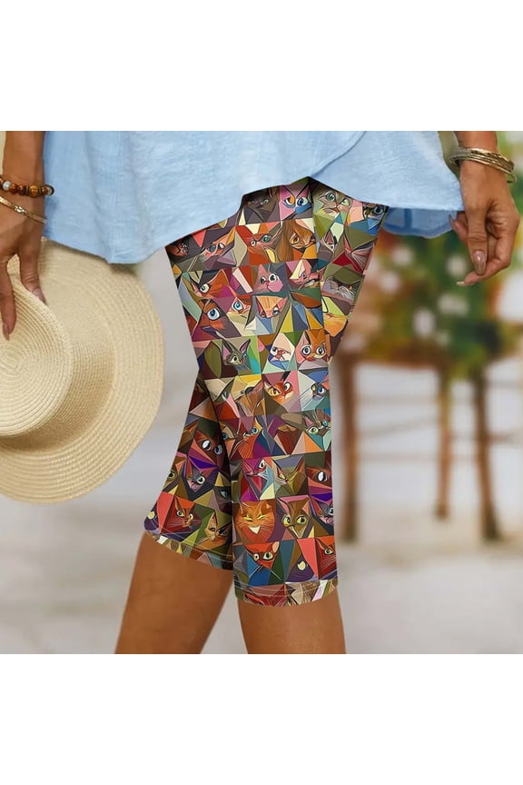 Womens Capri Leggings Cat Print Elastic Waistband Stretchy Casual Yoga Pants Casual Summer Cropped Pants Multicolor M