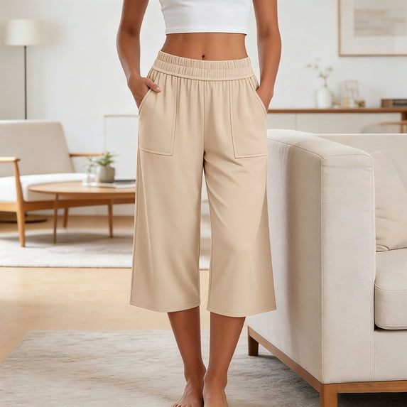ersvoioy Womens Capri Pants Solid Color Elastic Waistband Loose Casual Lounge Pajama Trousers with Side Pockets for Home Beige XXXL