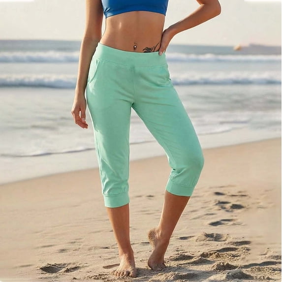 ersvoioy Womens Capri Sweatpants Elastic Waistband Loose Casual Jogger Yoga Trousers with Pockets for Summer Mint Green M