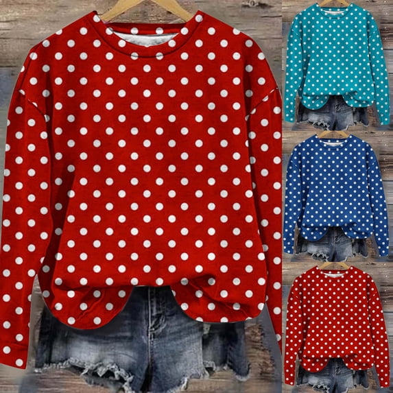 ersvoioy Womens Christmas Dot Sweatshirt Round Neck Loose Fit Long Sleeve Pullover for Winter Red XL