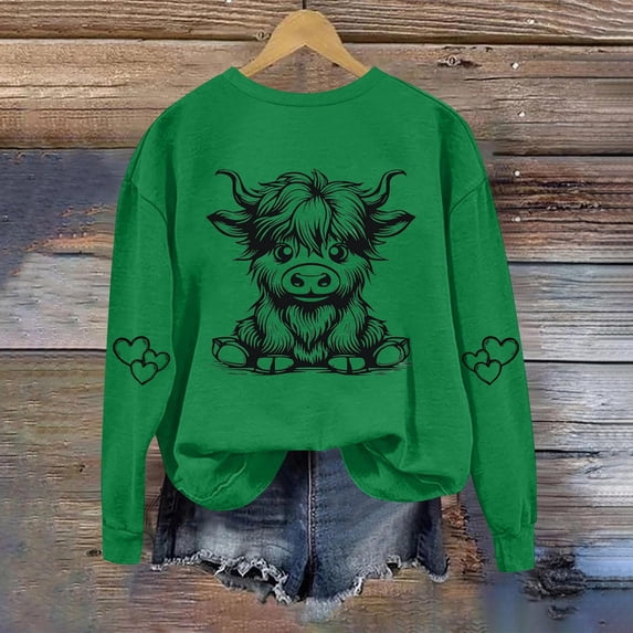 ersvoioy Womens Cow Print Sweatshirt Crewneck Loose Fit Long Sleeve Hoodless Pullover for Fall Green M