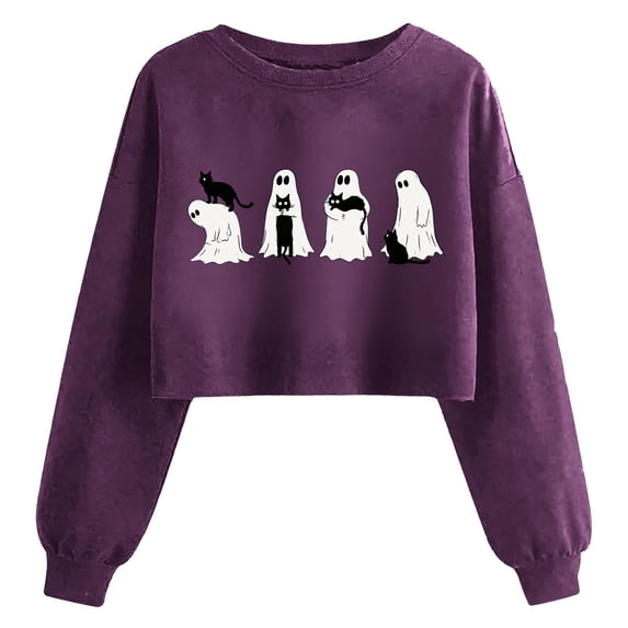 ersvoioy Womens Crop Sweatshirts Halloween Black Cat Ghost Graphic Tops Fall Winter Long Sleeve Pullover Trendy Y2K Streetwear