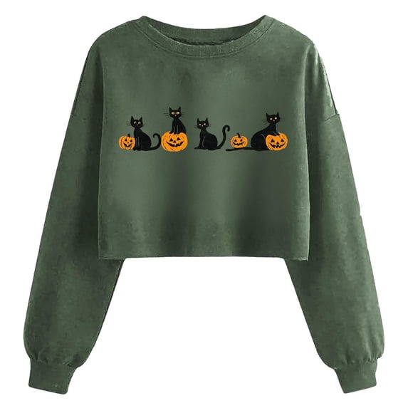 ersvoioy Womens Crop Sweatshirts Halloween Black Cat Pumpkin Graphic Tops Fall Winter Long Sleeve Pullover Trendy Y2K Streetwear