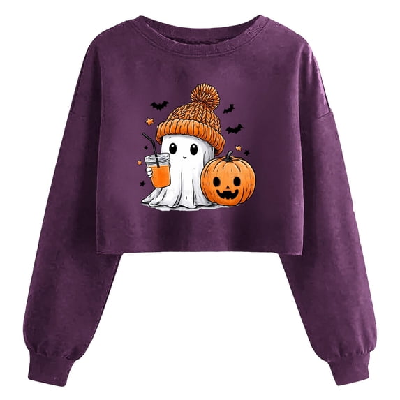 ersvoioy Womens Crop Sweatshirts Halloween Ghost Pumpkin Graphic Tops Fall Winter Long Sleeve Pullover Trendy Y2K Streetwear